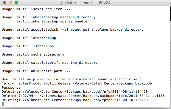 使用tmutil命令来删除旧的Time Machine备份数据库。