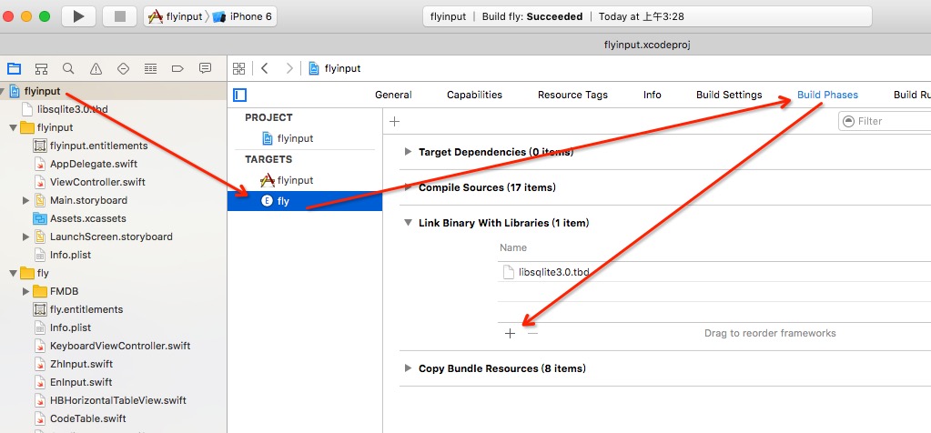 In Xcode project to add the library to link SQLite FMDB