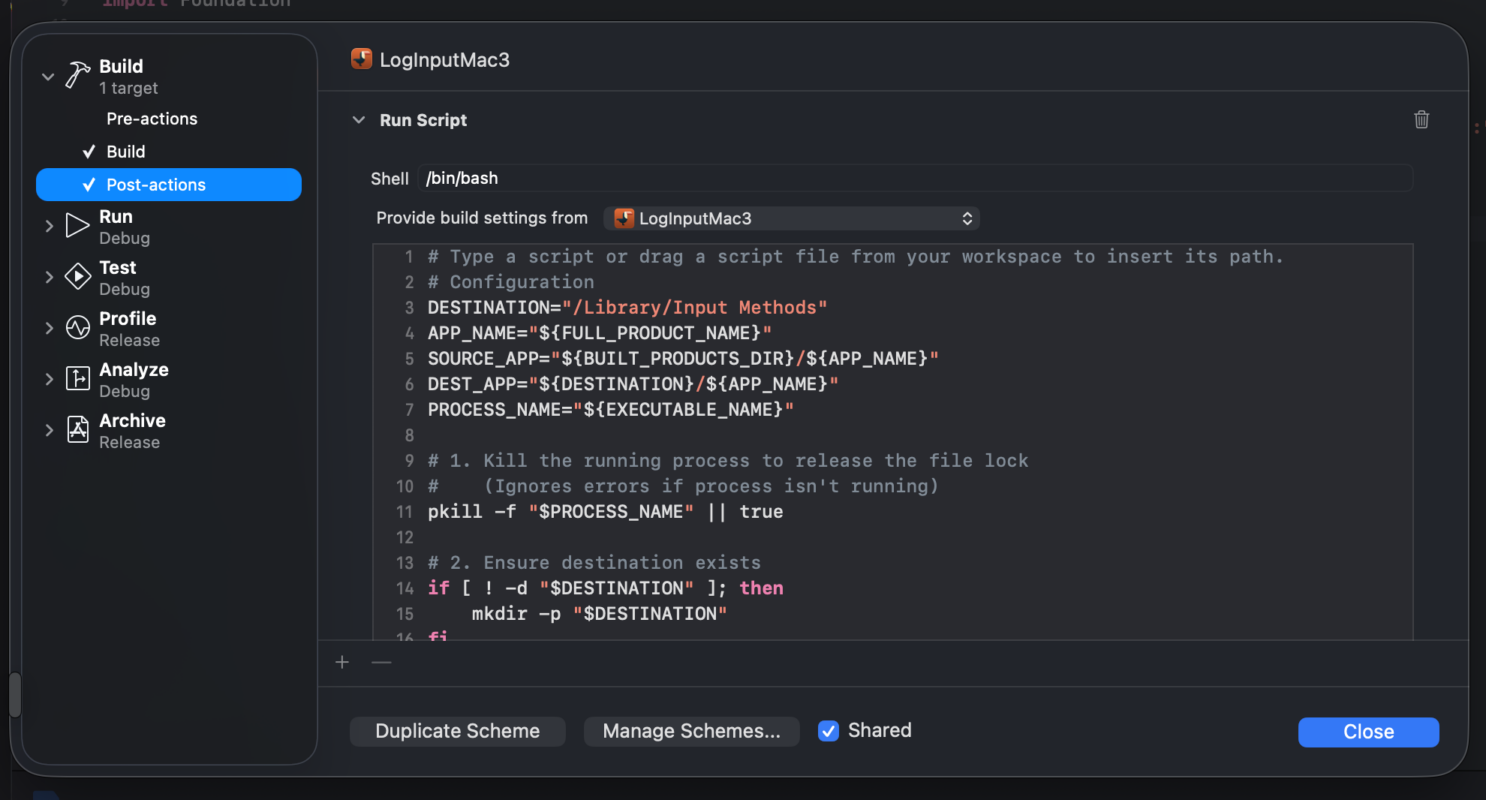 使用 post-actions 来将编译好的 app 移动到 /Library/Input Method 目录
